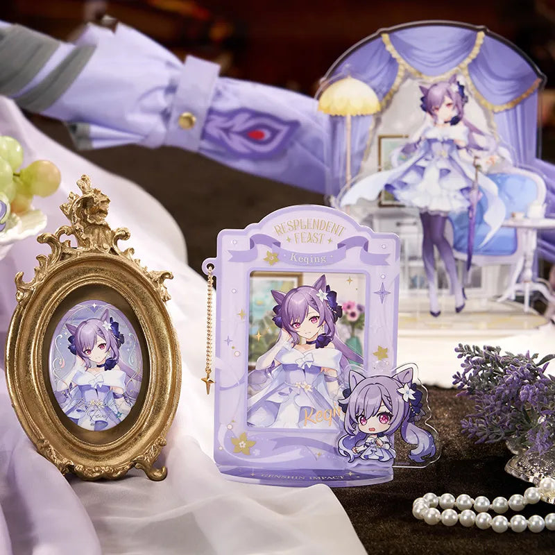 Keqing scene acrylic stand display from Genshin Impact featuring decorative room themed setup and elegant pastel design