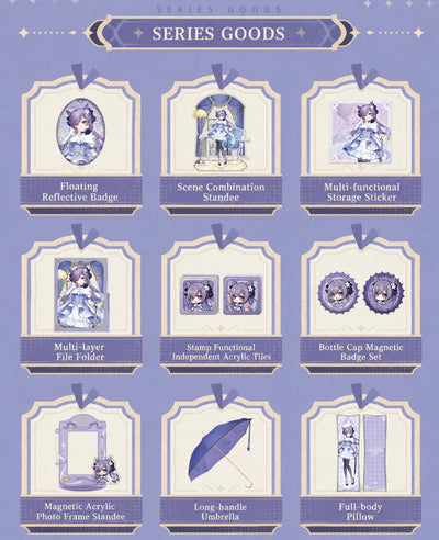 Keqing series goods overview from Genshin including badges standees umbrellas and collectible accessories