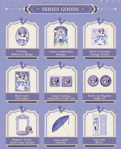 Keqing series goods overview from Genshin including badges standees umbrellas and collectible accessories