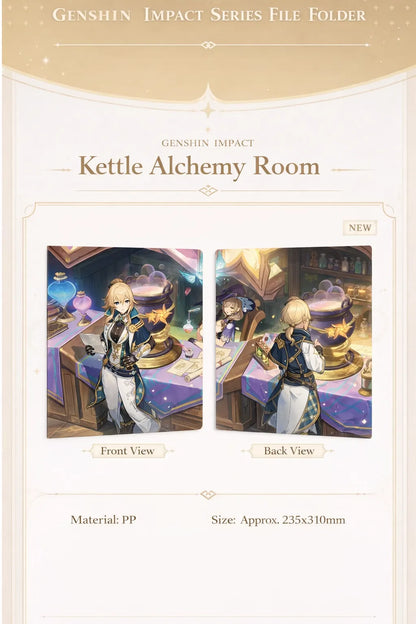 Detail view of Genshin Impact Kettle Alchemy Room file folder showing PP material and printed artwork