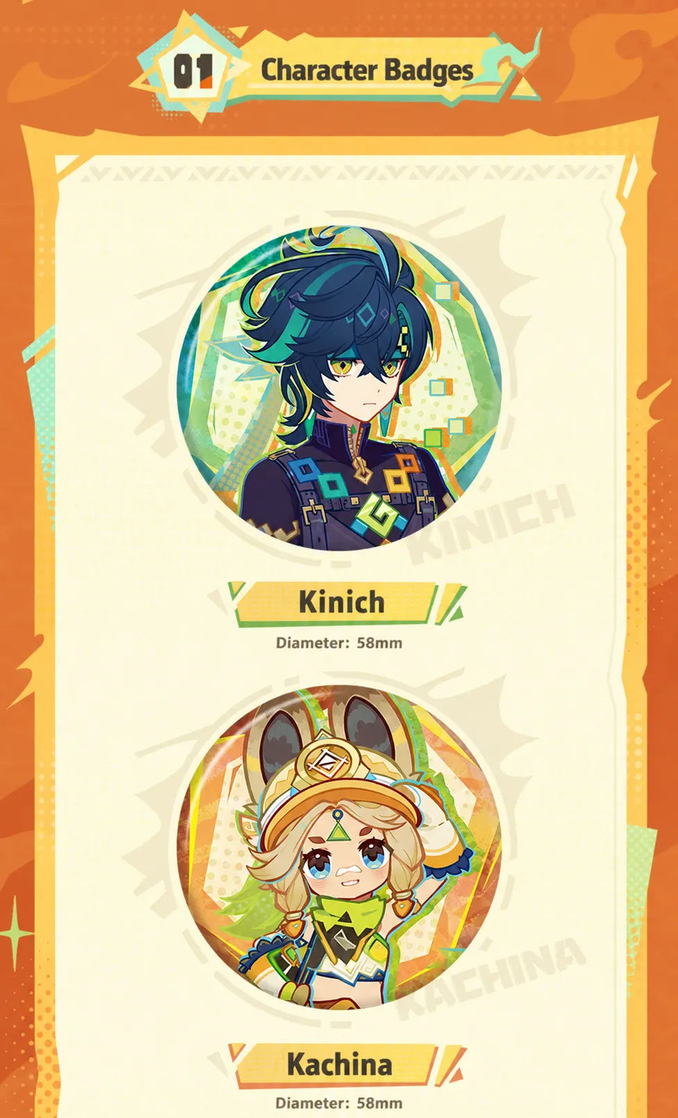 Genshin Impact Kinich character badge detail from the Nation of Pyro Series with colorful Natlan themed artwork