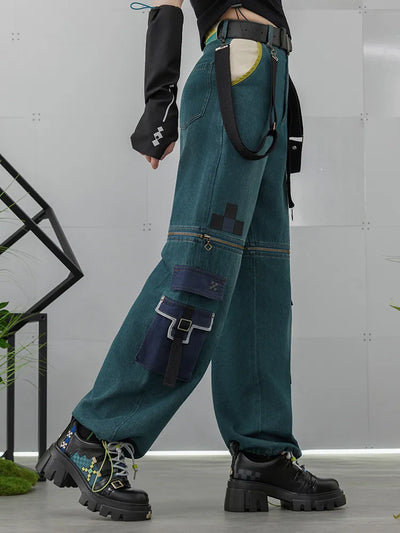 Kinich themed detachable cargo denim pants model showcase with character inspired styling