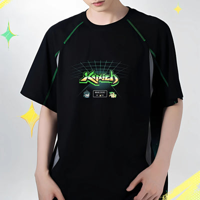 Genshin Impact Kinich Impression T-Shirt Ember Series front view worn by model featuring green character-inspired graphic design