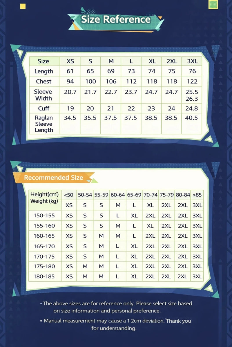 Genshin Impact Kinich Impression T-Shirt size chart with detailed measurements and recommended height and weight guide