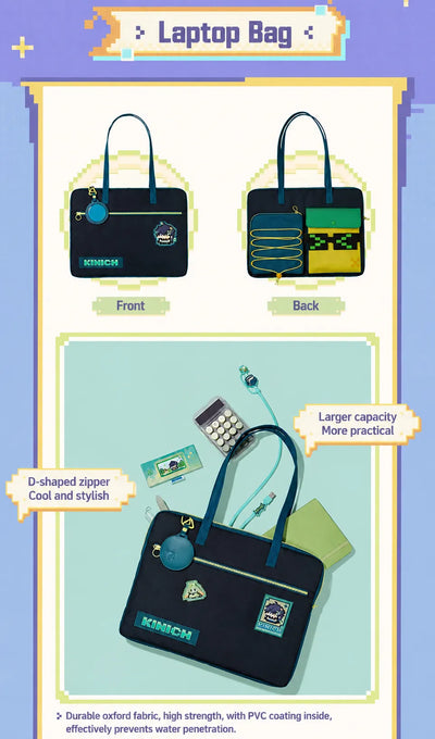 Genshin Impact Kinich laptop bag with storage compartments and retro gaming themed accessories