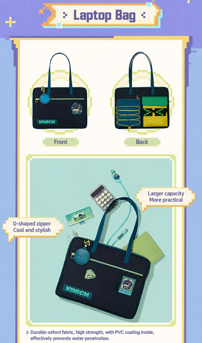 Genshin Impact Kinich laptop bag with storage compartments and retro gaming themed accessories