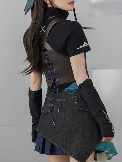 Genshin Impact Kinich themed cropped patchwork vest full outfit styling view