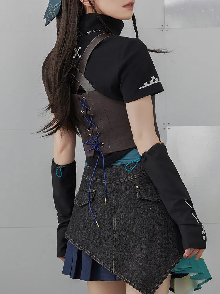 Genshin Impact Kinich themed cropped patchwork vest full outfit styling view