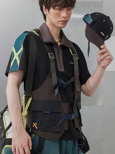 Close up view of Kinich themed utility vest highlighting buckles pockets and decorative details