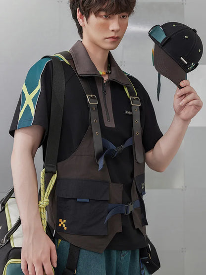 Close up view of Kinich themed utility vest highlighting buckles pockets and decorative details