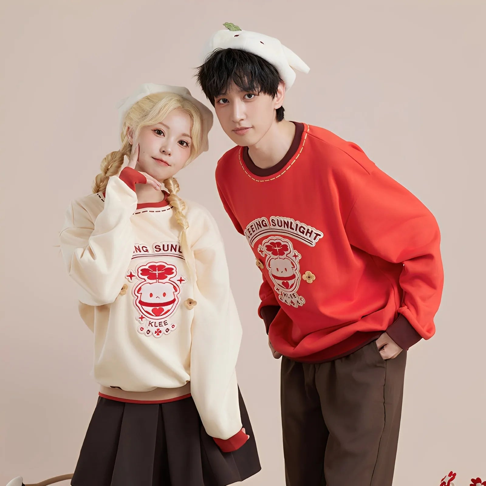 Genshin Impact Klee themed sweatshirt front model wearing off-white and red version
