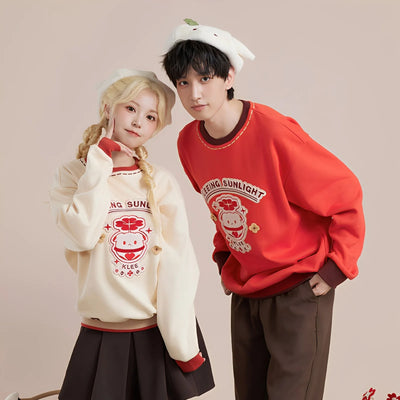 Genshin Impact Klee themed sweatshirt front model wearing off-white and red version
