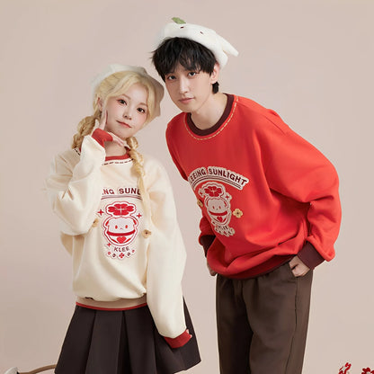 Genshin Impact Klee themed sweatshirt front model wearing off-white and red version