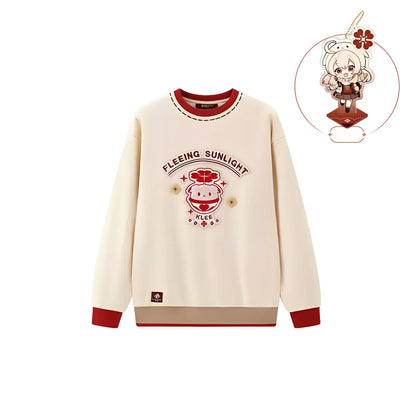 Genshin Impact Klee themed sweatshirt front and back comparison off-white and red