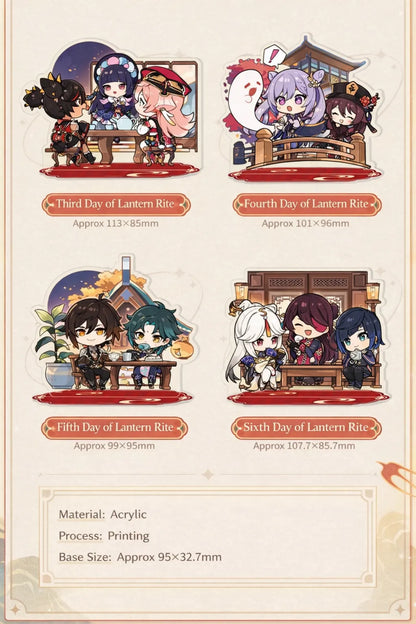 Genshin Impact chibi merchandise material and size details including badges and acrylic standees