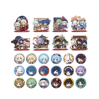 Genshin Impact Lantern Rite chibi merchandise collection featuring badges and acrylic standees with multiple characters