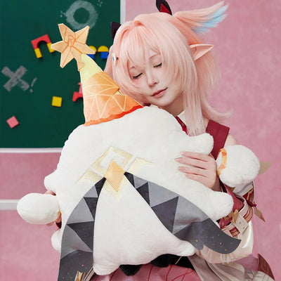 Genshin Impact Lumi plush pillow featuring its white fluffy body and orange star hat