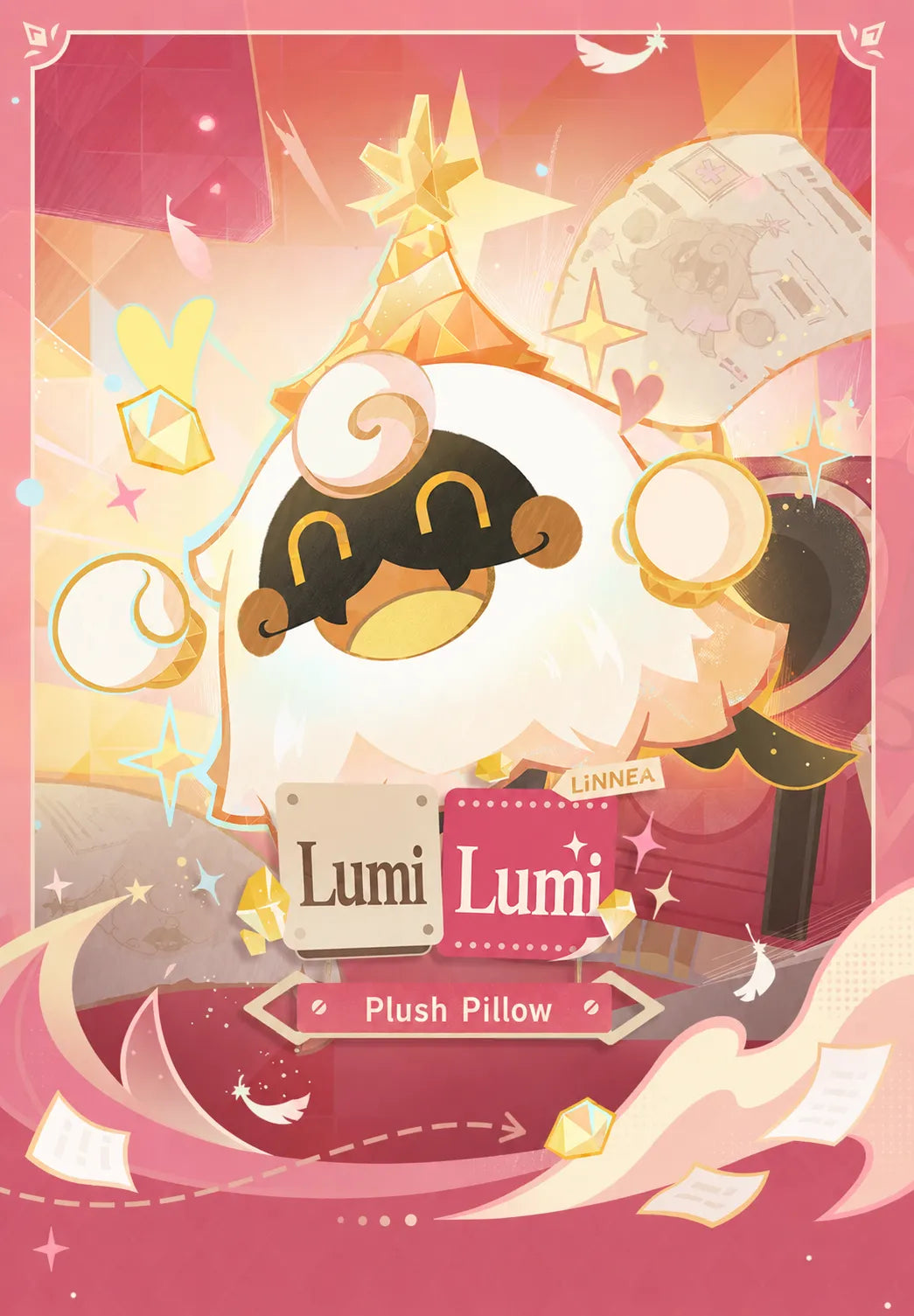 Lumi plush pillow product information with size materials and craftsmanship details