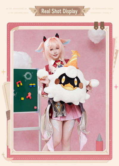 Linnea hugging the Lumi plush pillow showing its soft fluffy texture