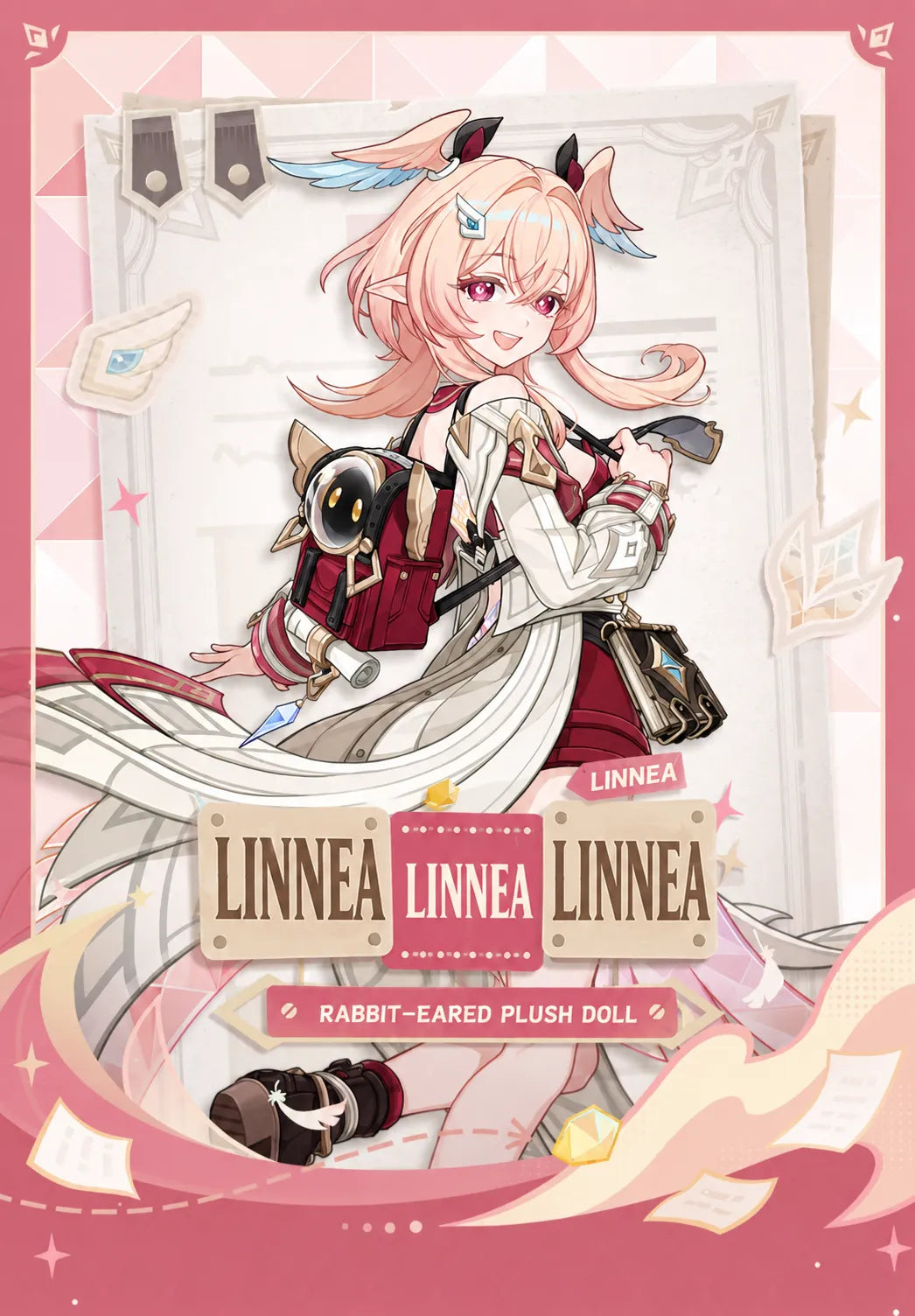 Linnea rabbit-eared plush hand puppet product information and dimensions