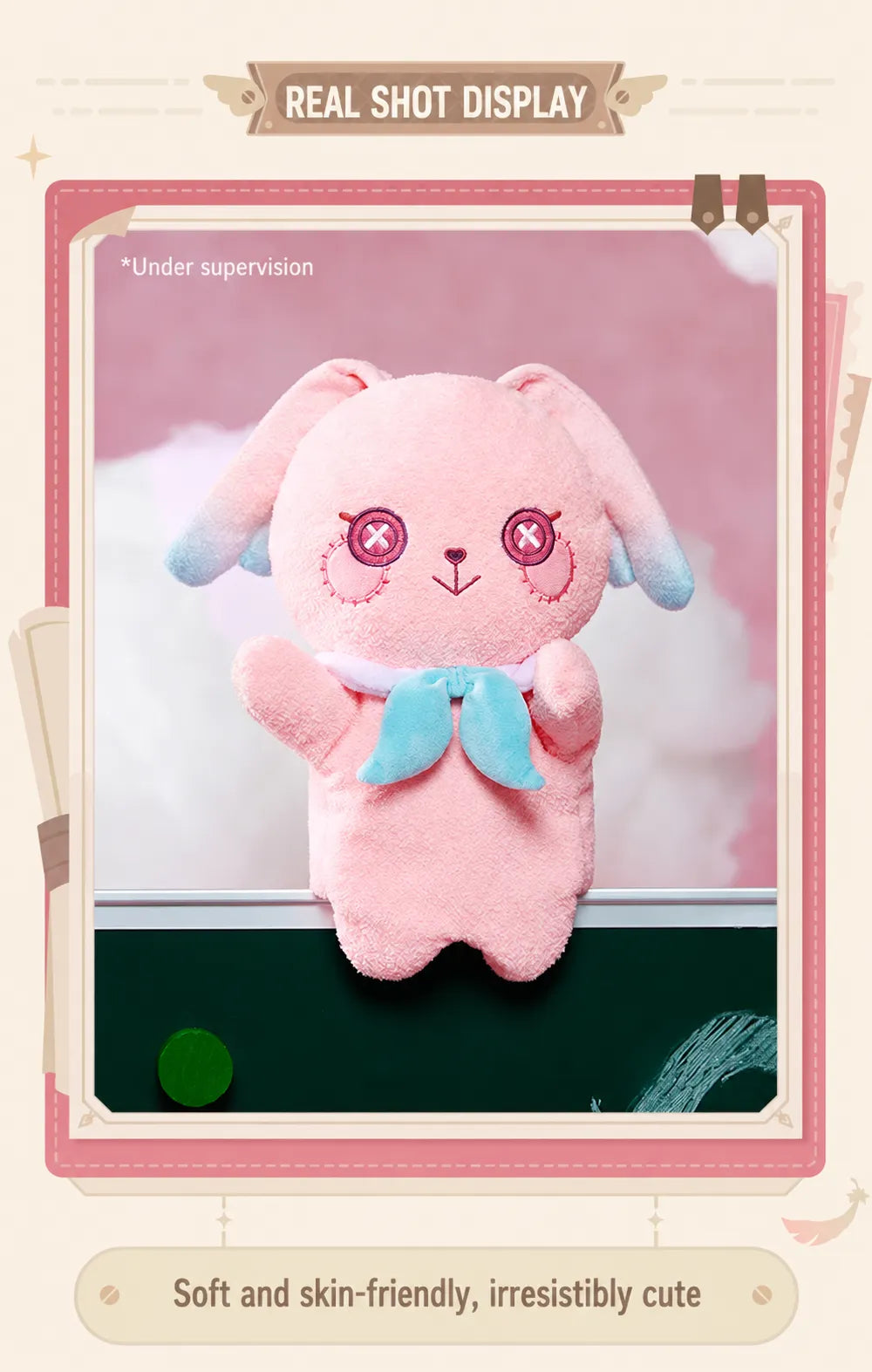 Linnea plush hand puppet showing poseable rabbit ears with internal wire