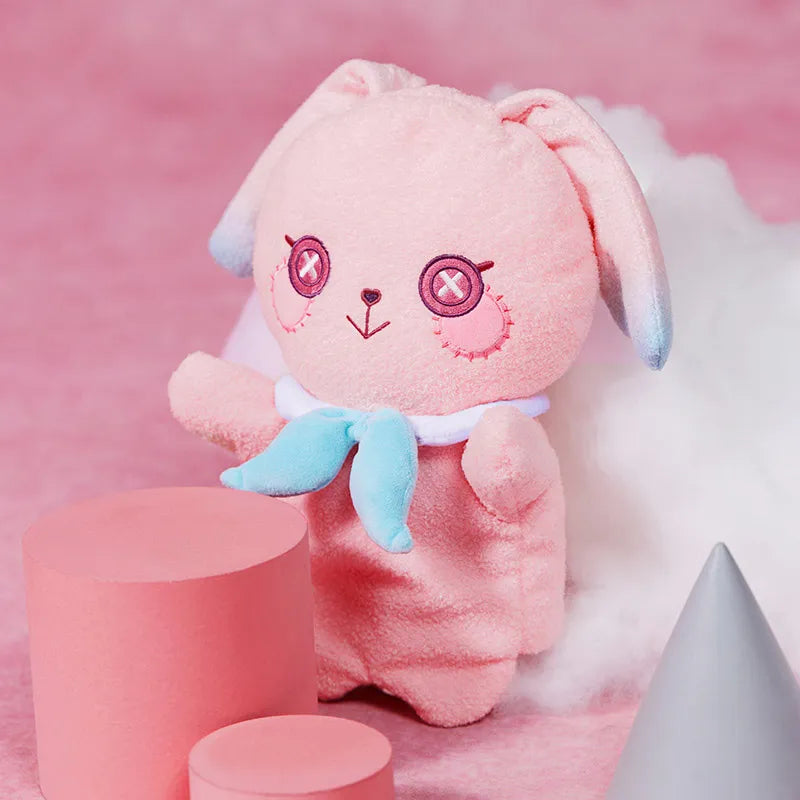 Linnea pink rabbit-eared plush hand puppet with blue bow details