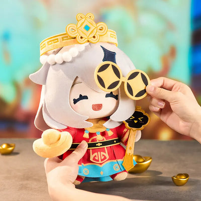 Little Fortune God Paimon Plush Toy with crown, glasses, and fortune-themed accessories