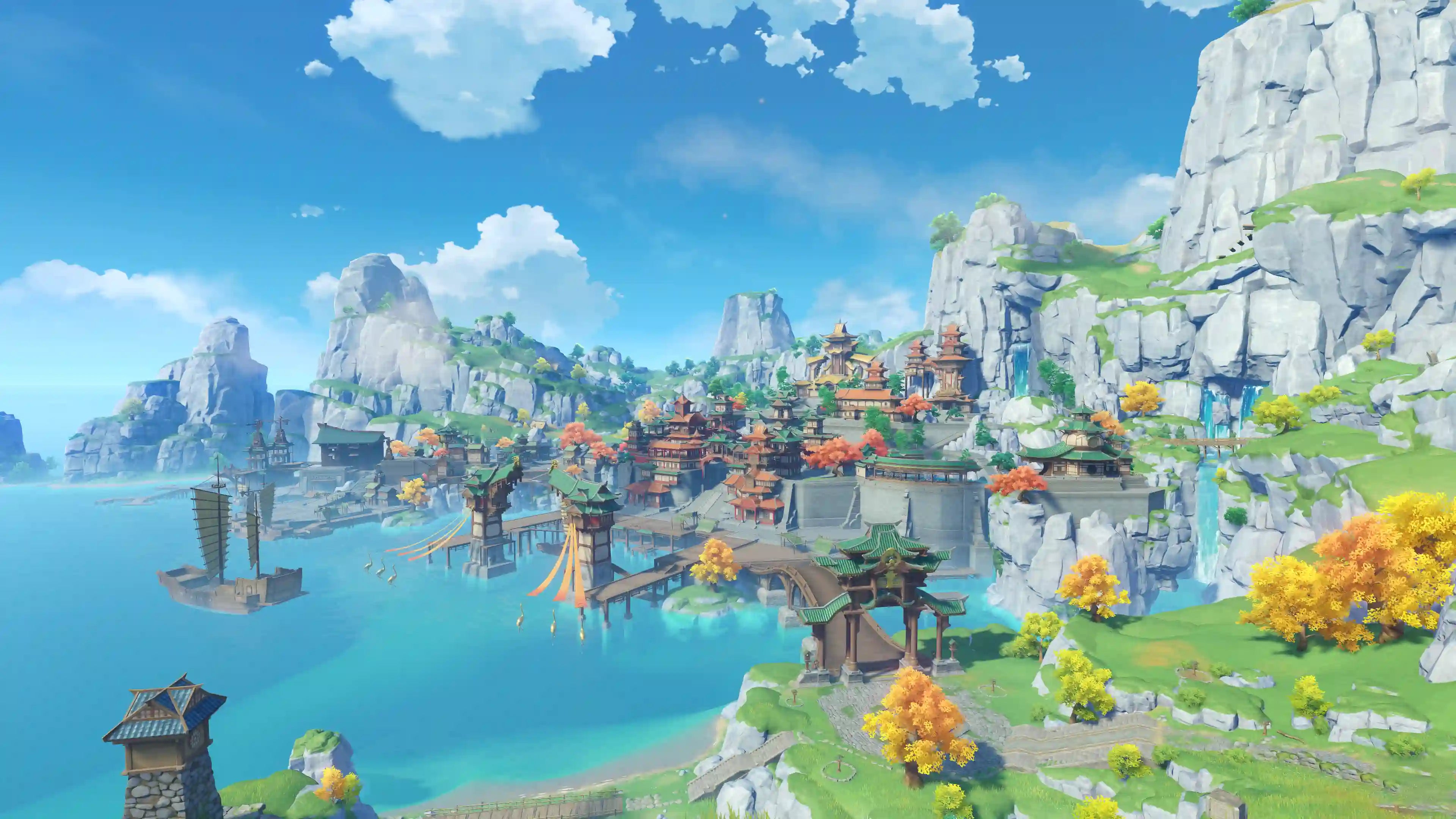 Genshin Impact Liyue characters featured in a scenic view of Liyue Harbor