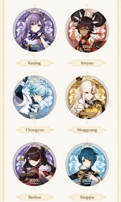 Genshin Impact Liyue Harbor Series Character Badges Featuring Zhongli Xiao Ganyu and Hu Tao