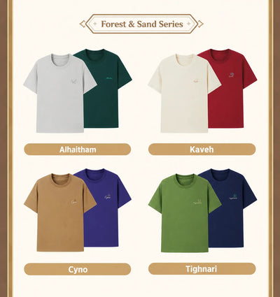 Flames and Foothills Series T-shirts featuring Mualani, Kachina, Kinich, Xilonen, Ororon, and Citlali