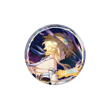 Genshin Impact Lumine character badge with holographic finish and themed artwork
