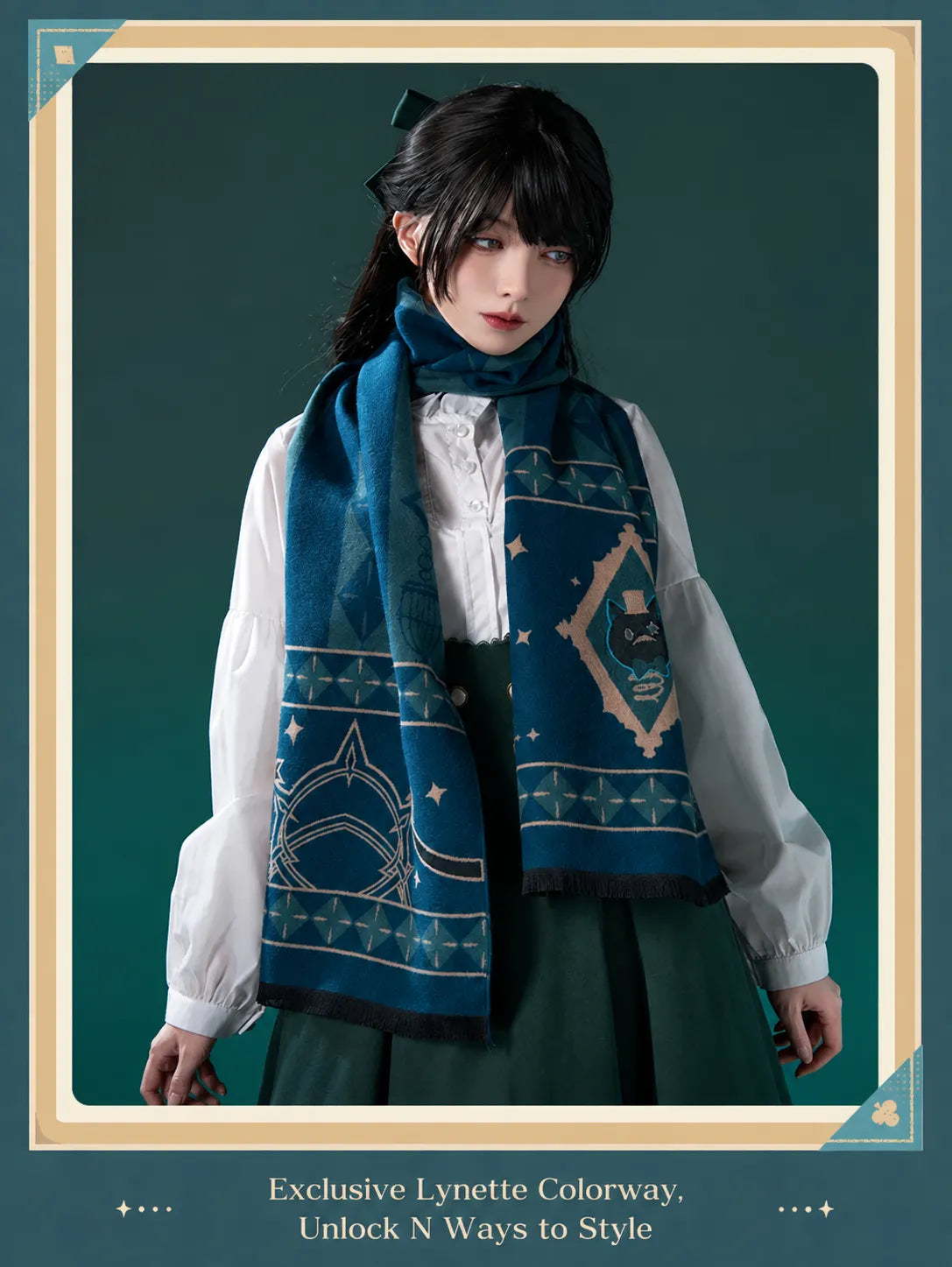 Lynette scarf featuring detailed jacquard woven patterns