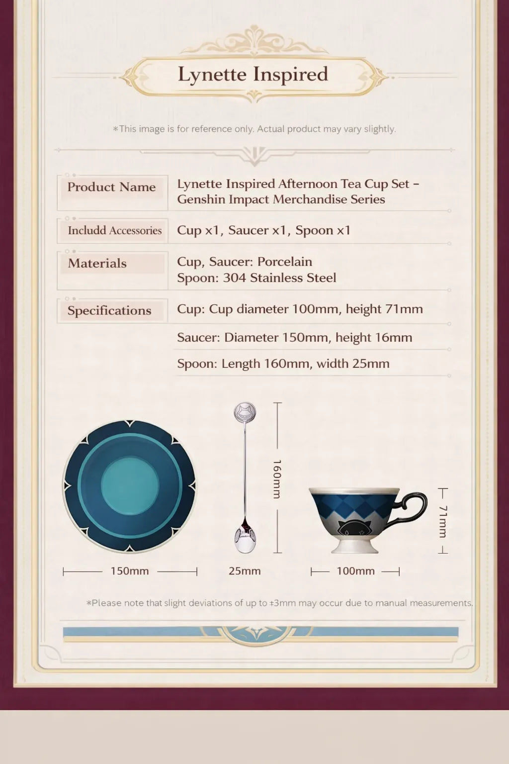 Genshin Impact Lynette tea cup and saucer set size detail cup saucer and spoon dimensions shown