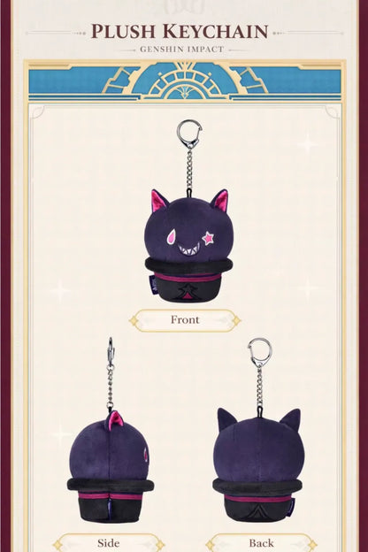 Genshin Impact Lyney cat hat plush keychain embroidery detail grinning face and ears