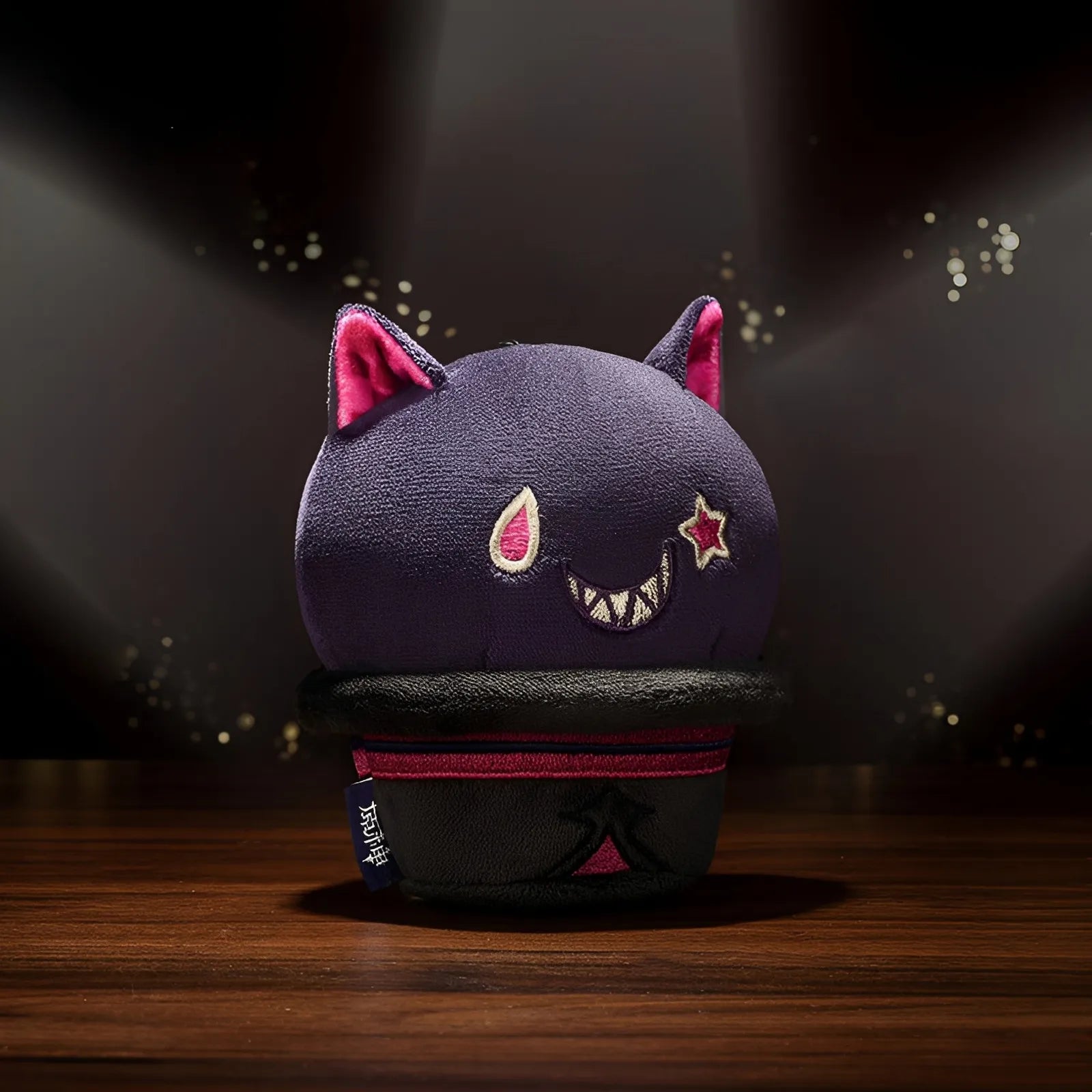 Genshin Impact Lyney cat hat plush keychain hanging display with metal chain