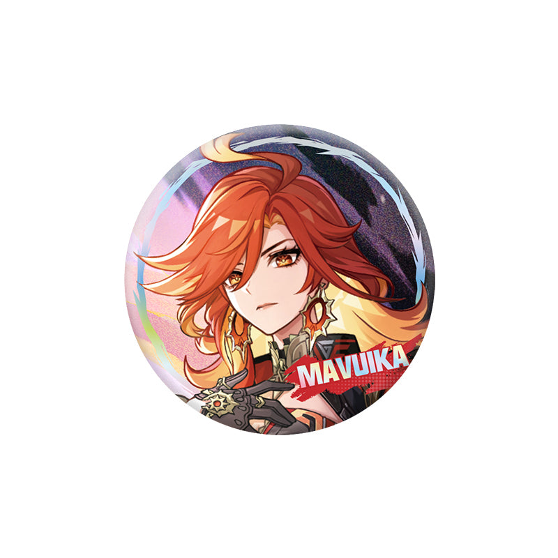 Genshin Impact Mavuika B version character badge with holographic finish and themed artwork