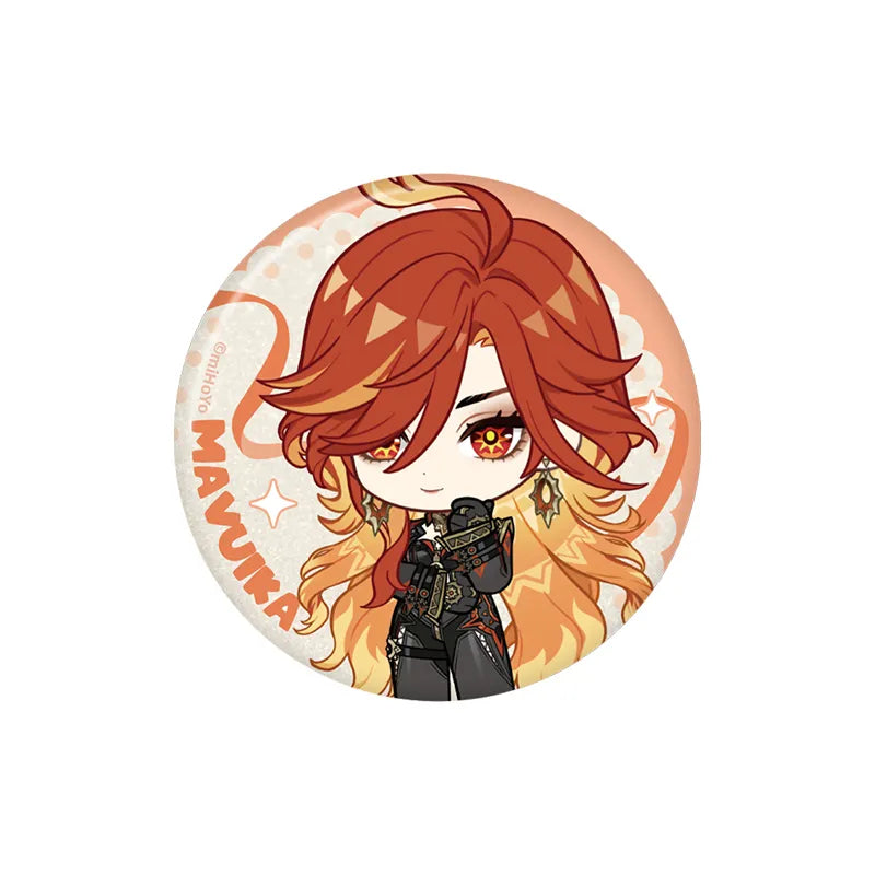 Genshin Mavuika Stellar Recollection series character badge with fiery chibi artwork and vibrant orange tones