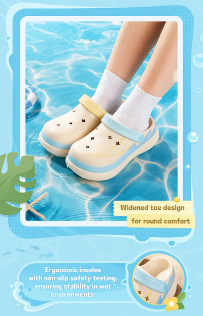 Midsummer Party clogs with custom star patterns and contrasting straps