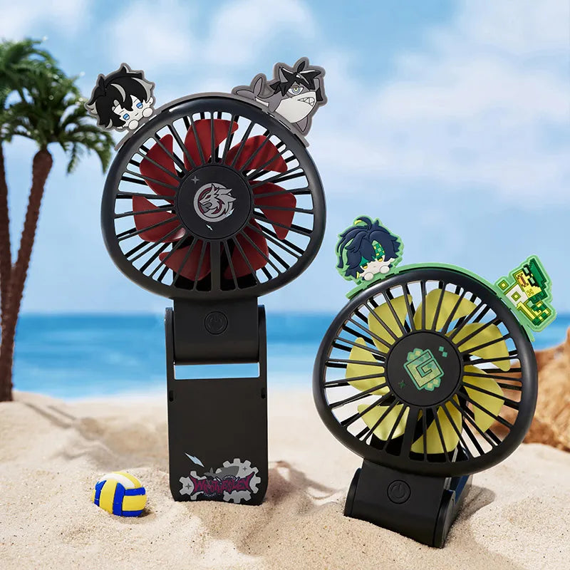 Midsummer Party portable fans displayed in handheld and desktop positions
