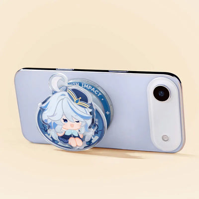 Midsummer Party Series magnetic phone stands displayed with Klee, Hu Tao, Yoimiya, Furina, Wriothesley, and Kinich designs