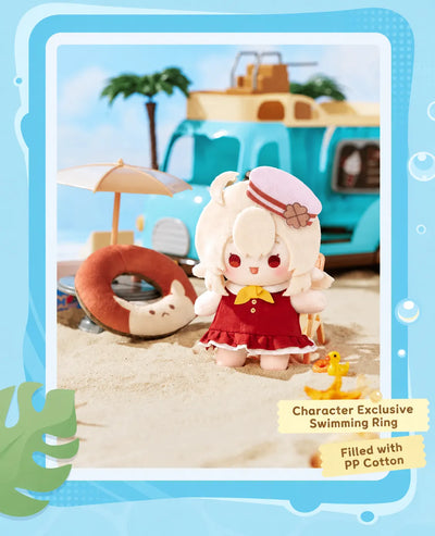 Hu Tao plush doll with sunglasses in a summer beach setting