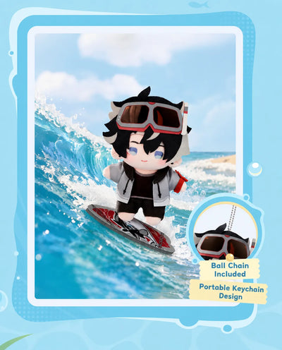 Kinich plush doll with character-themed surfboard