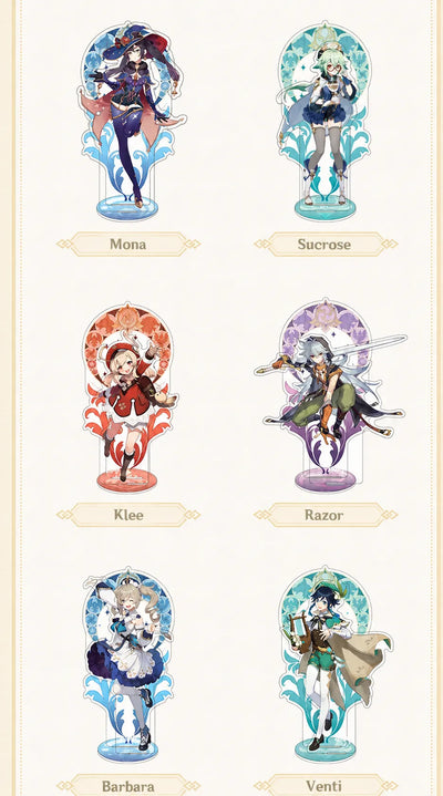 Genshin Impact Mondstadt Series acrylic character standees featuring Mona Sucrose Klee Razor Barbara and Venti
