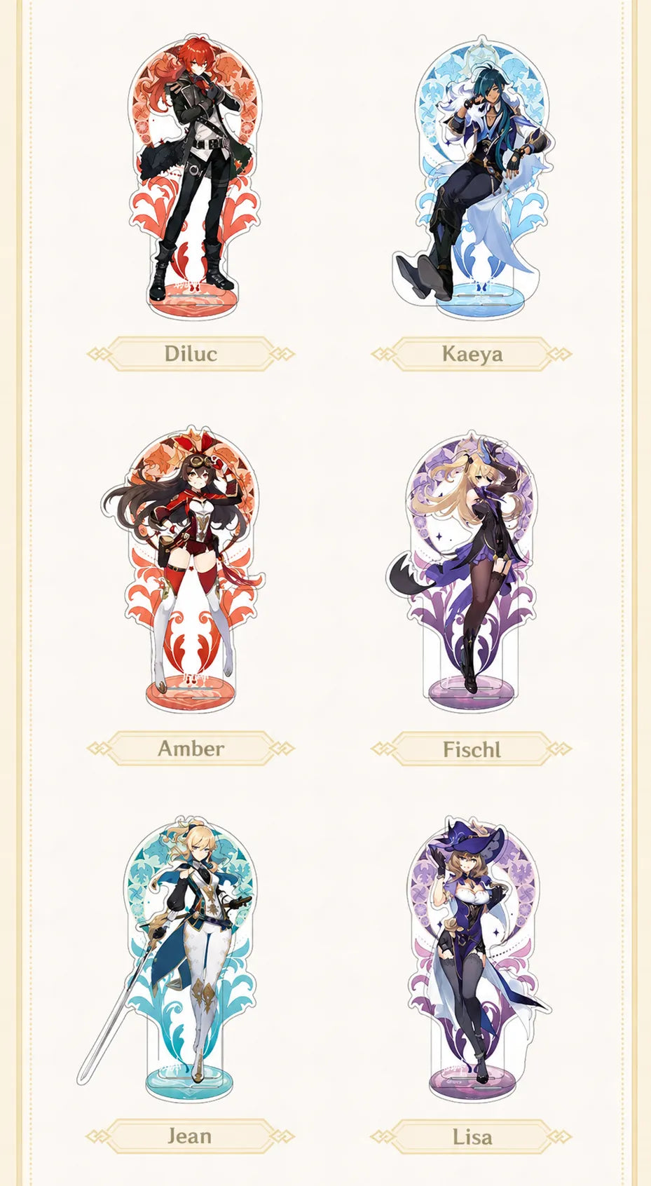Genshin Impact Mondstadt Series acrylic character standees featuring Diluc Kaeya Amber Fischl Jean and Lisa