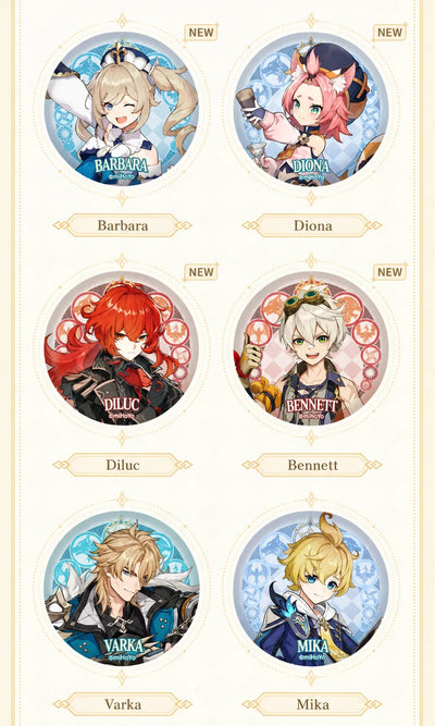 Genshin Impact Mondstadt Series character badge designs featuring multiple Mondstadt characters