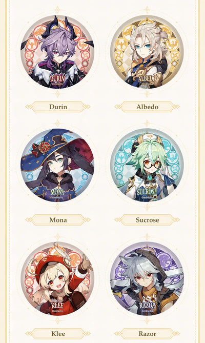 Genshin Impact Mondstadt Series collectible character badges with detailed character artwork