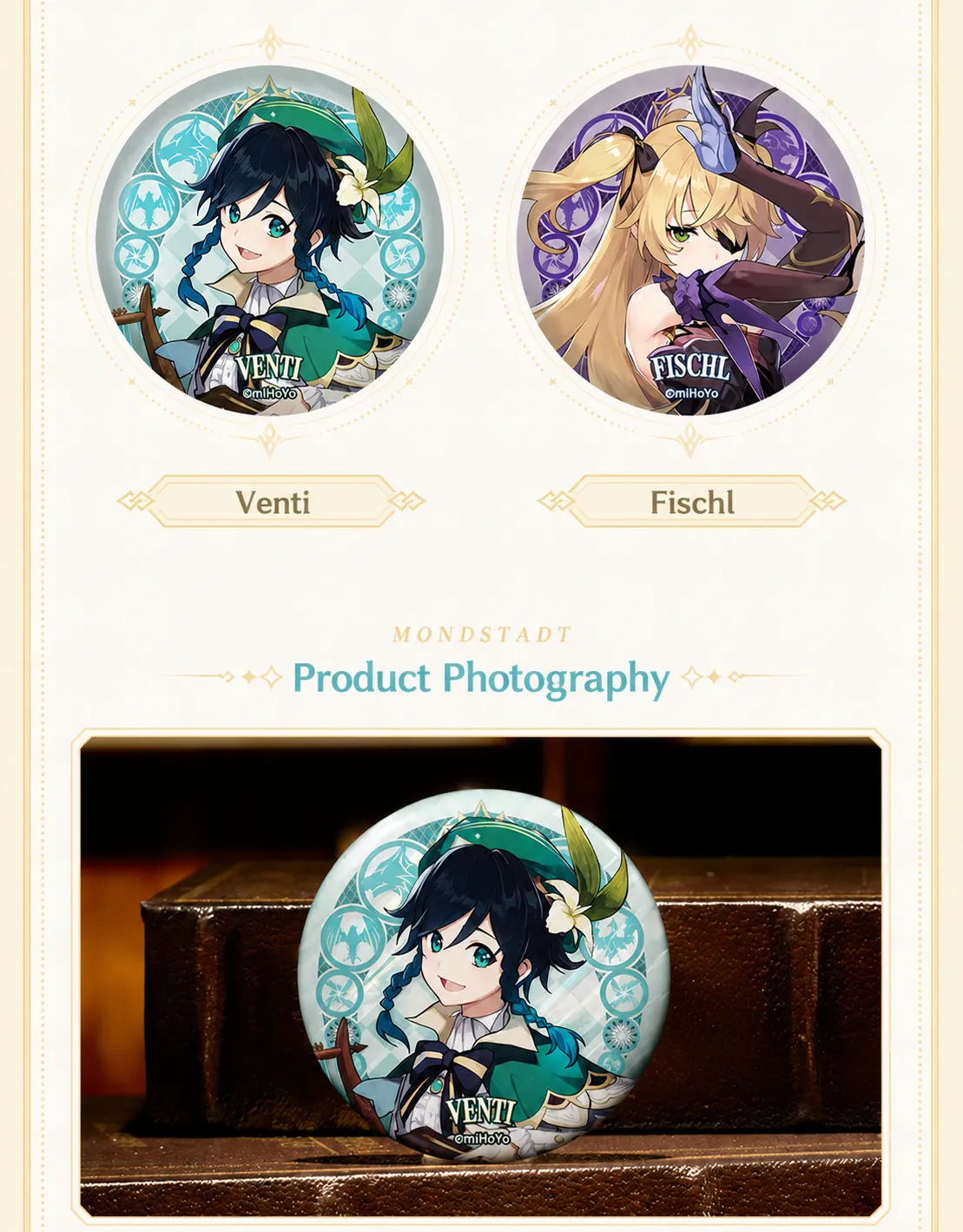 Genshin Impact Mondstadt Series character badges shown in actual product display