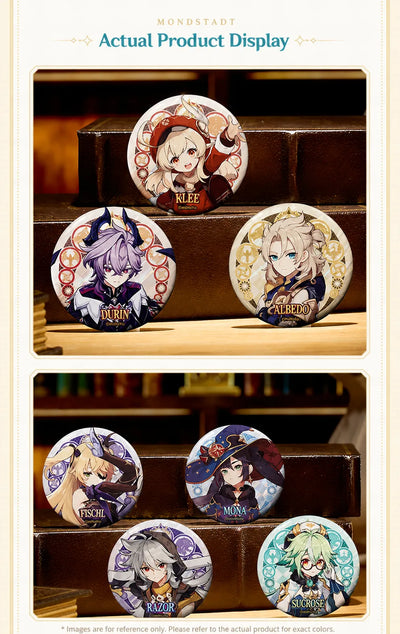 Genshin Impact Mondstadt Series Upgraded Edition badges with holographic paper and raised gold accents