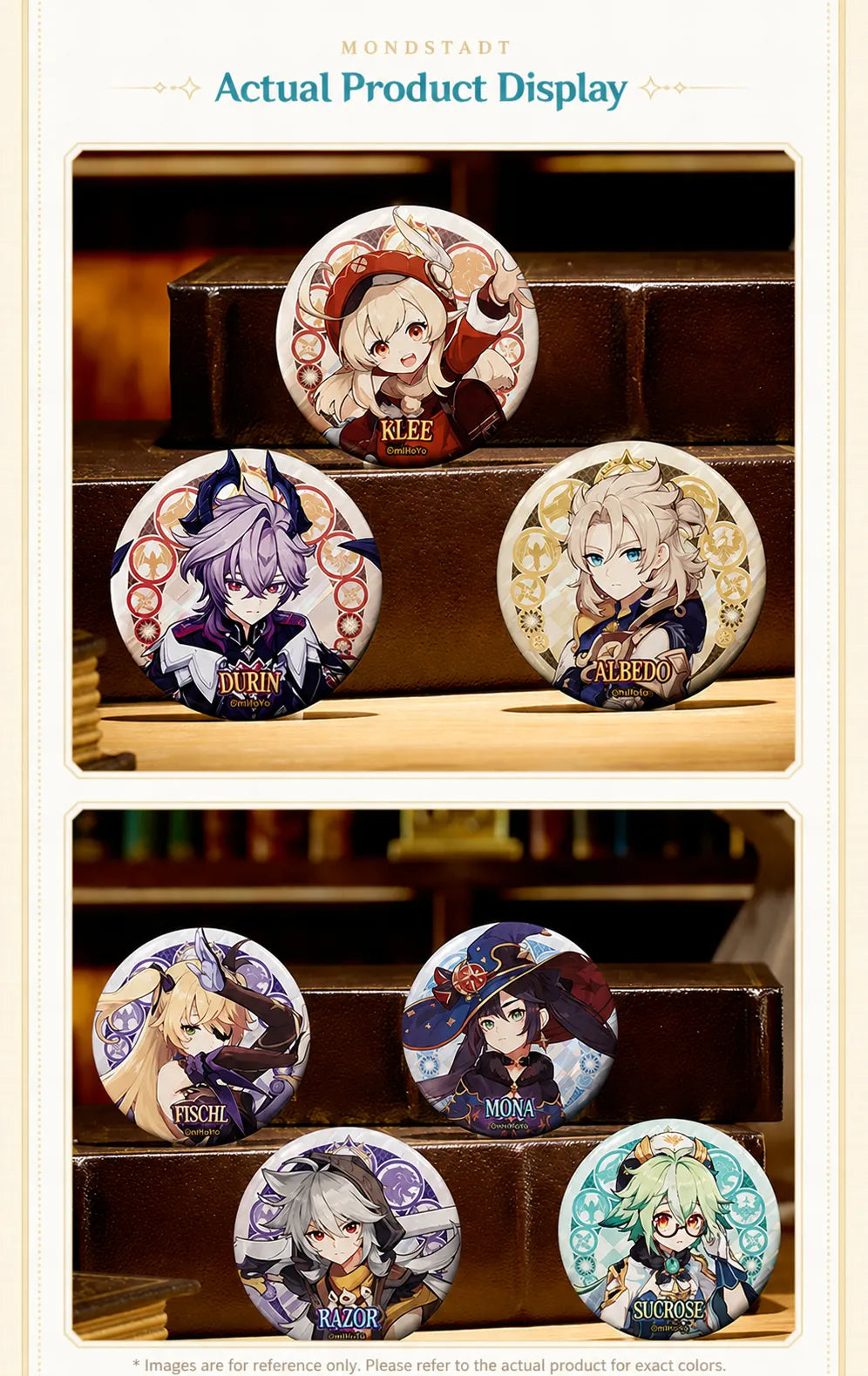 Genshin Impact Mondstadt Series Upgraded Edition badges with holographic paper and raised gold accents