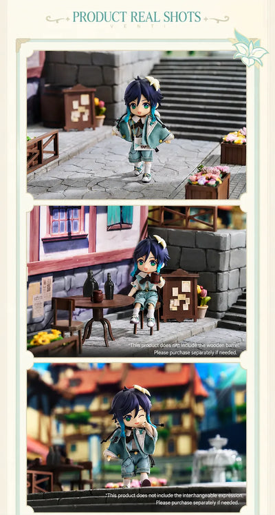 Venti Nendoroid Doll figure posed in Mondstadt town and café display scenes